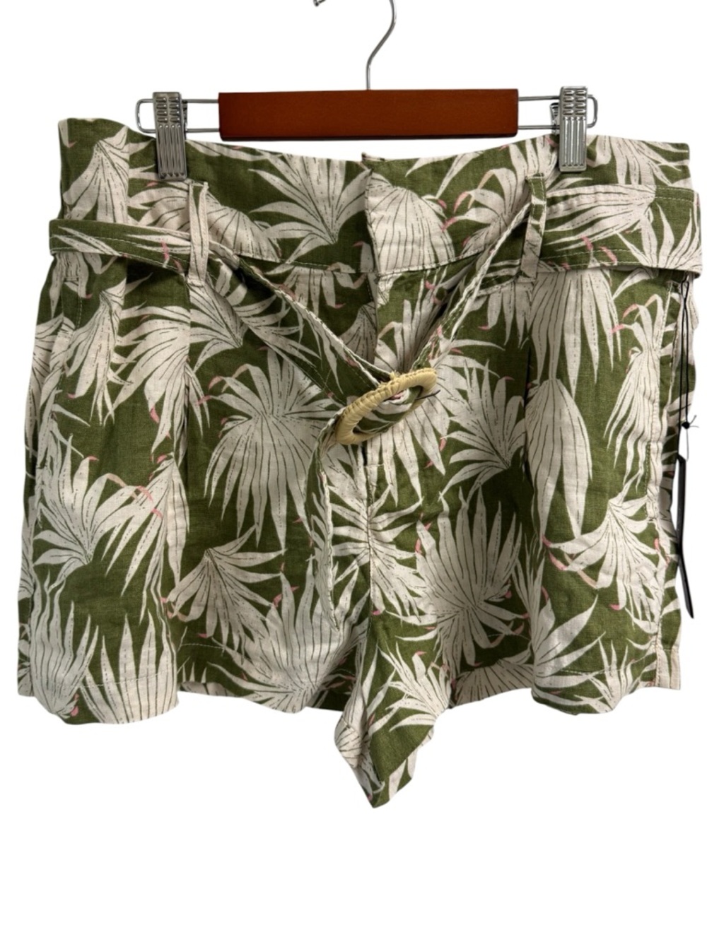 Tahari 100% Linen High-Rise Tropical Print Paperbag Shorts - Olive/White Summer